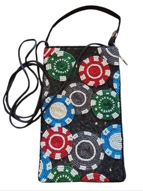 Bamboo Trading Co Sequins/Beaded Crossbody Poker Chip Bag Zip Pouch Cell Pocket